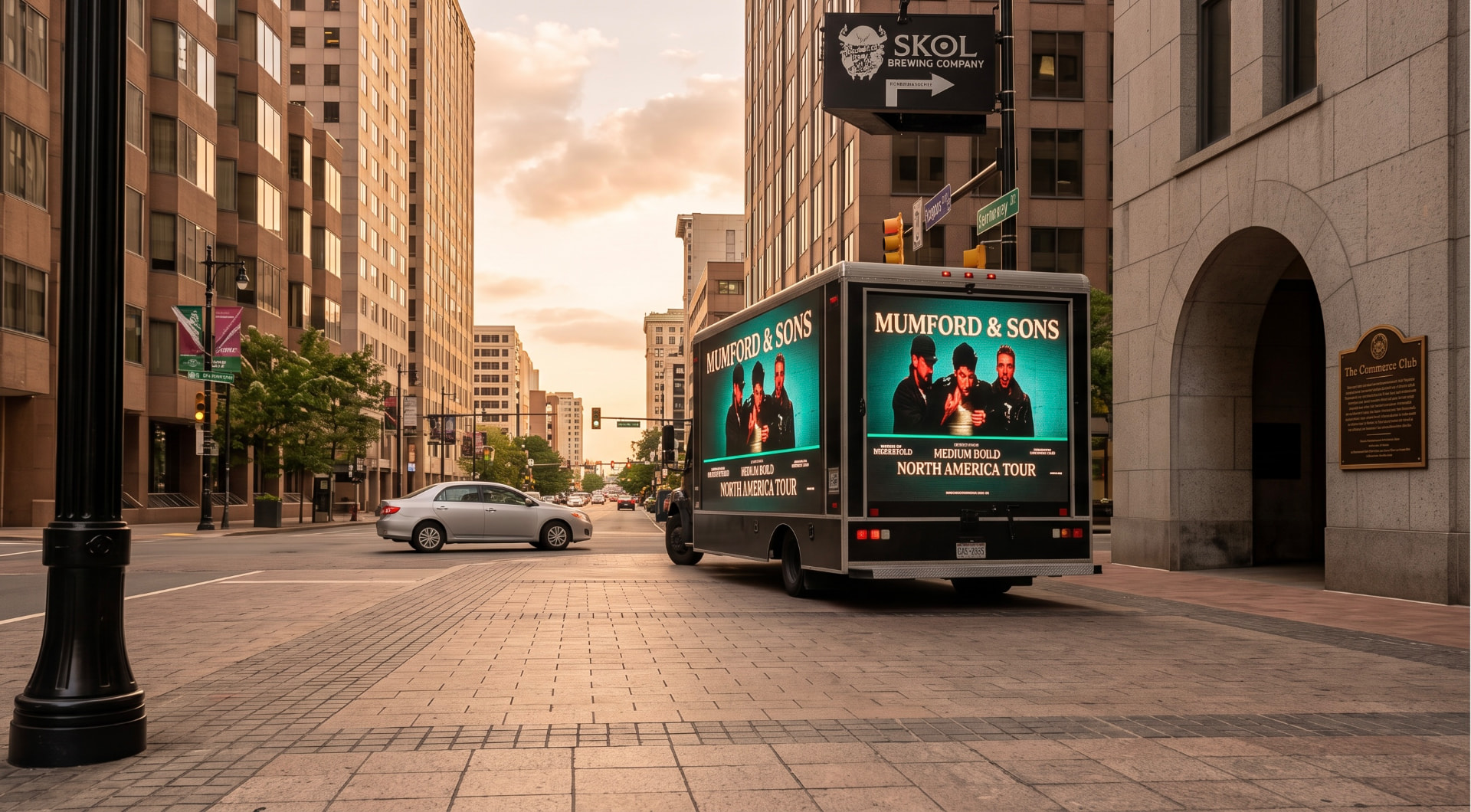 Digital mobile billboard truck running a concert tour campaign on a downtown street at golden hour