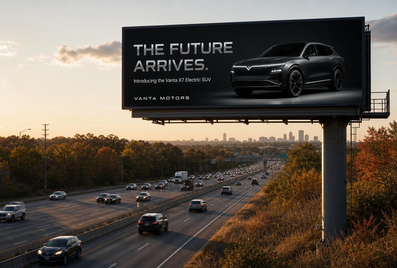 Concept digital billboard beside an interstate at golden hour for a fictional electric vehicle brand