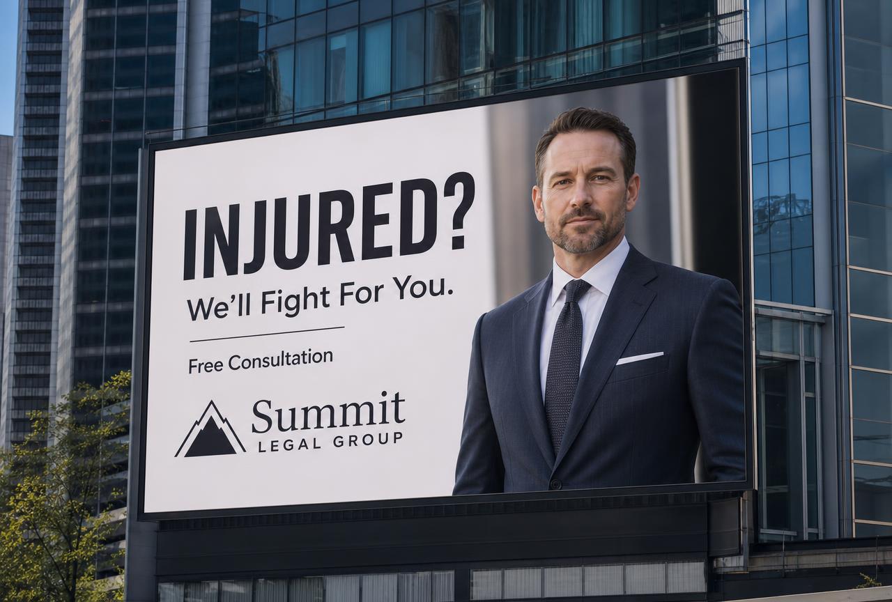 Concept digital billboard in a business district for a fictional law firm campaign