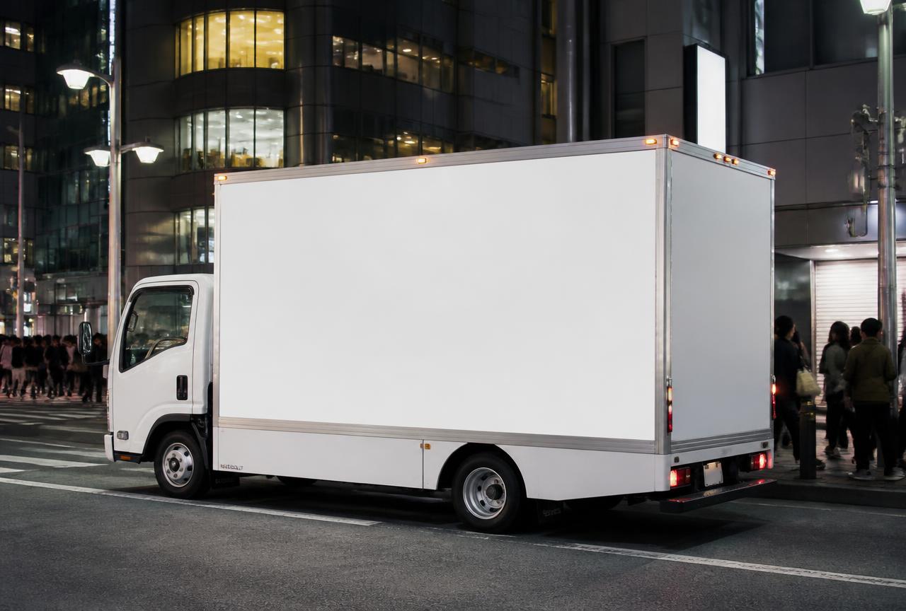 Mobile billboard truck with a blank advertising panel on a city street