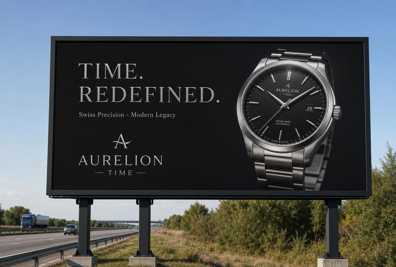 Concept roadside static billboard advertising a fictional luxury watch brand