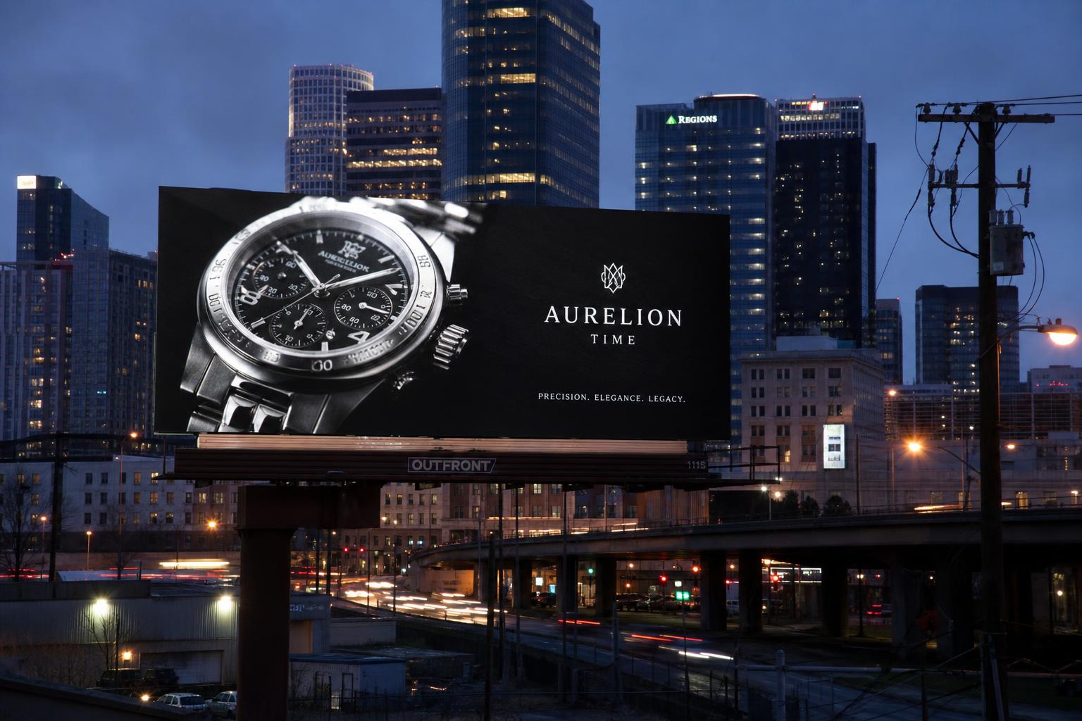 Concept digital billboard beside a highway at blue hour advertising a fictional Aurelion Time luxury watch brand